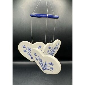 Vintage Blue Delft 1980s Porcelain Heart Wind Chime Handpainted Flowers